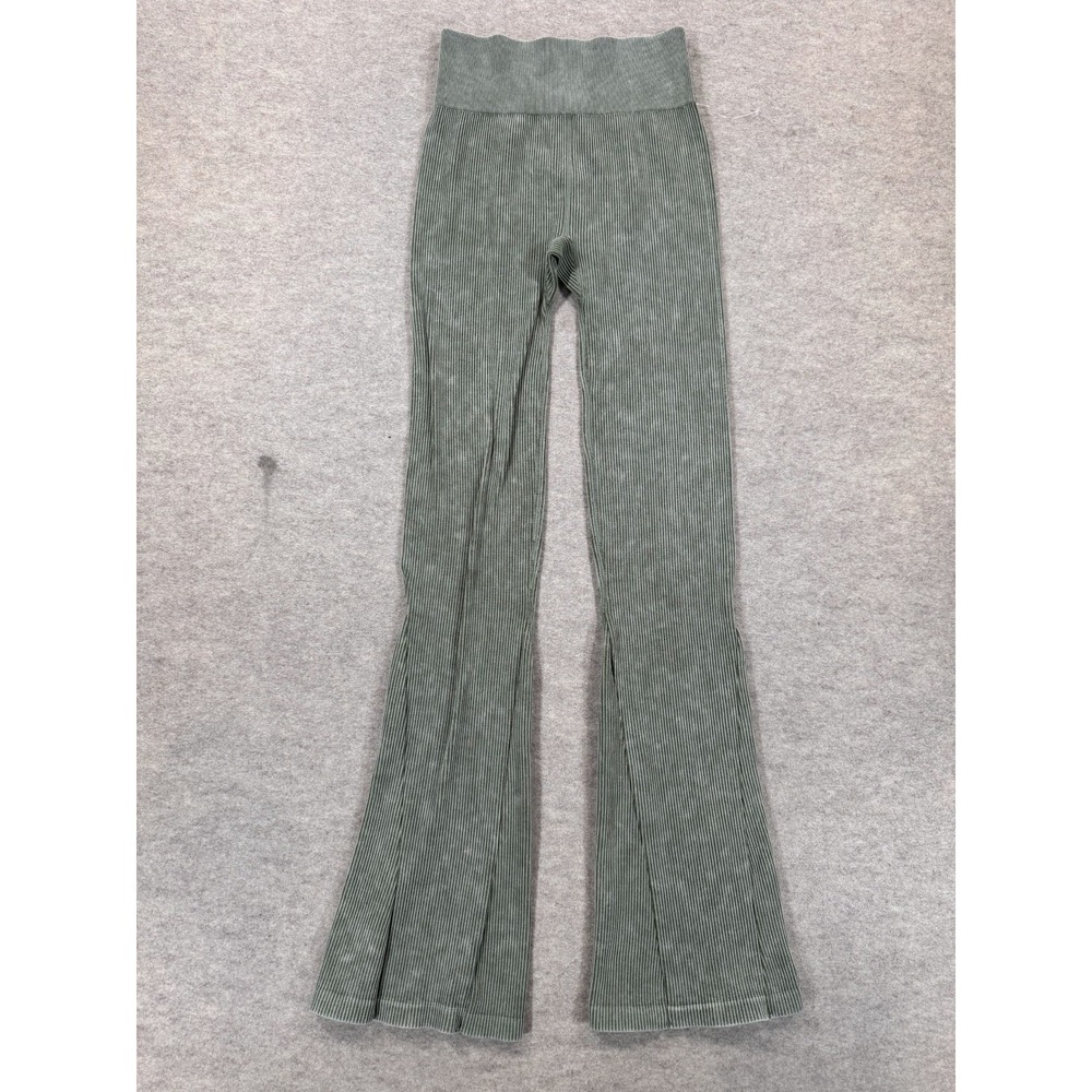 Hot Kiss Leggings Womens Small Green Ribbed Stretch High Waist Workout Flare Leg